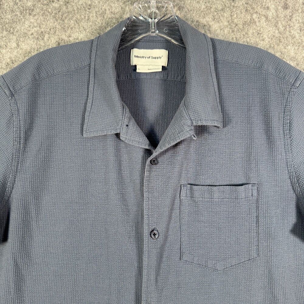 Ministry of Supply Loop Collar Camp Shirt Mens Large Blue Coolmax Seersucker